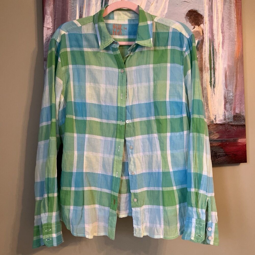 J McLaughlin Shirt Womens 14 Blue Green Plaid Button Up Relaxed Cameron Fit